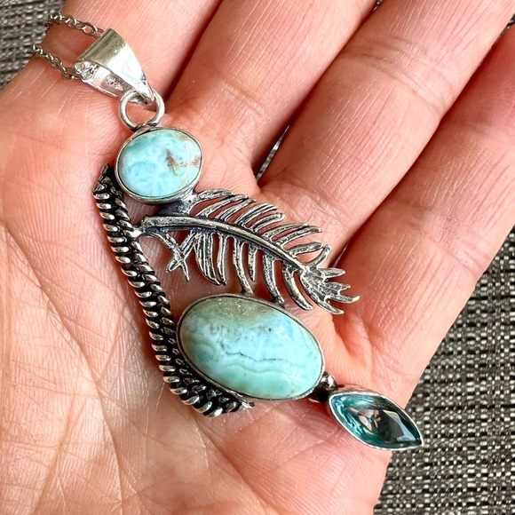 Jewelry - 925 Caribbean Larimar + Feather Blue Topaz Necklace Pendant